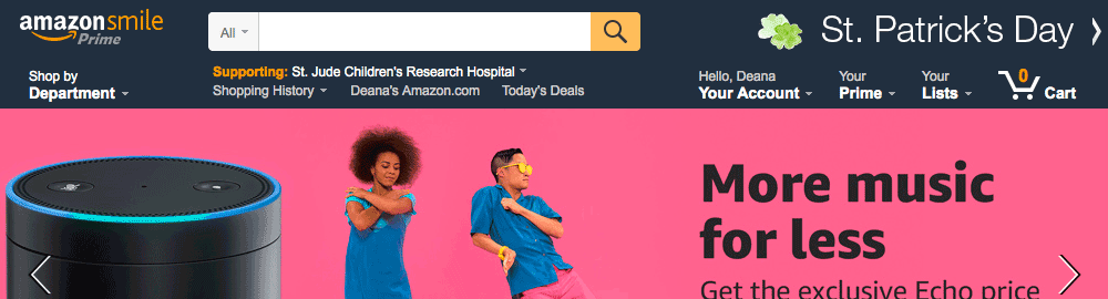 Showing what smile.amazon.com top nav looked like before, demonstrating that the only differences are the logo and a subtle line of text about the charity you're supporting