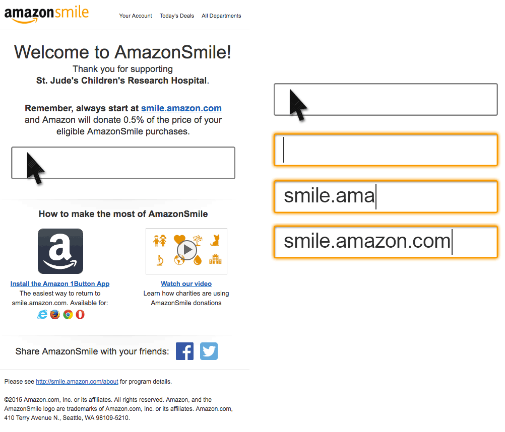Final, much cleaner layout featuring a storyboard for an animation that shows smile.amazon.com being typed out